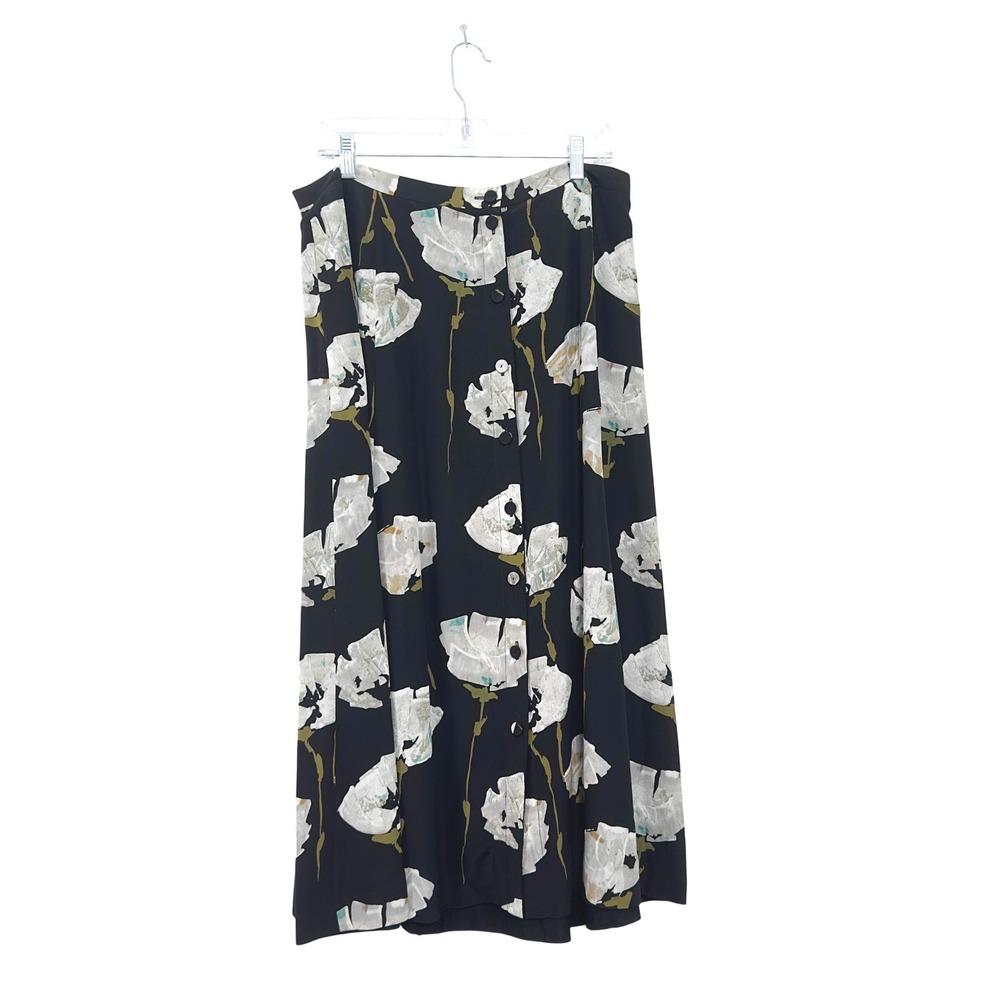 Lafayette 148 New York Midi Skirt Black Floral 100% Silk - size 12